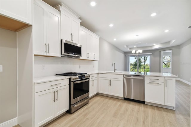 kitchen with appliances with stainless steel finishes, sink, kitchen peninsula, and white cabinets