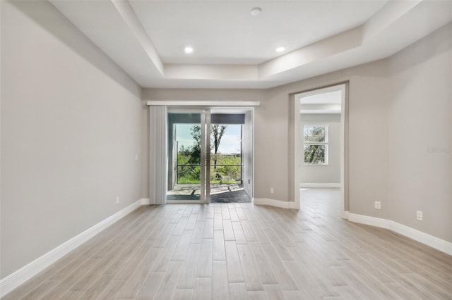 spare room with light hardwood / wood-style floors and a raised ceiling