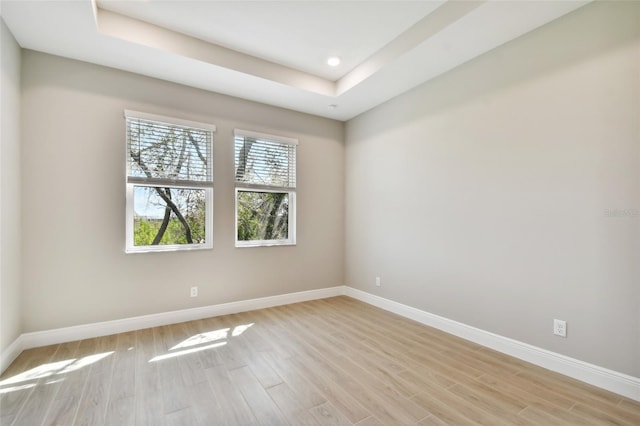 spare room featuring light hardwood / wood-style flooring and a raised ceiling