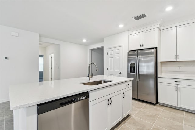 kitchen with appliances with stainless steel finishes, sink, a center island with sink, and white cabinets