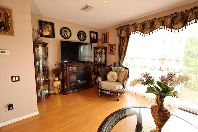 5002 Tideview Cir Unit 3, Orlando, FL 32819 - living room with a glass covered fireplace, baseboards, wood finished floors, and visible vents