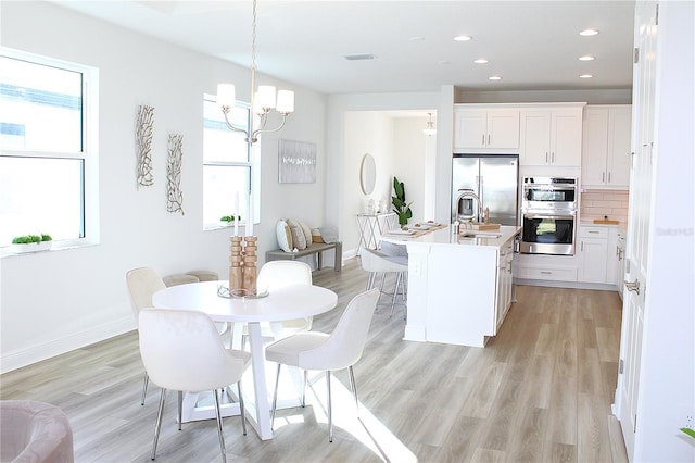 kitchen featuring pendant lighting, white cabinetry, stainless steel appliances, tasteful backsplash, and a center island with sink