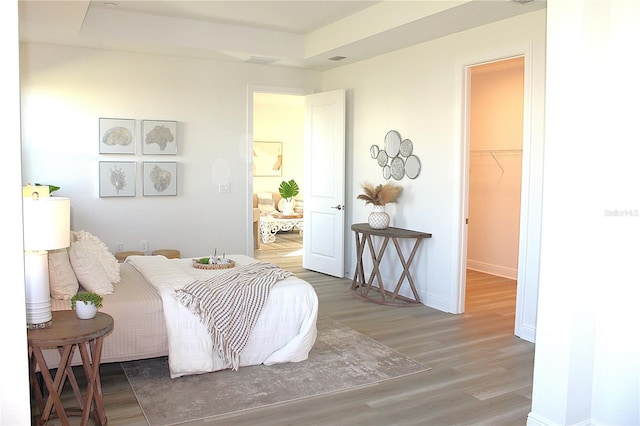 bedroom with a tray ceiling, hardwood / wood-style flooring, and a spacious closet