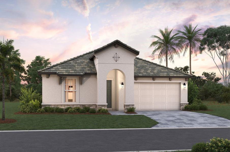 228 Vistera Blvd, North Venice, FL 34275 - view of front facade featuring stucco siding, a garage, driveway, stone siding, and a front lawn
