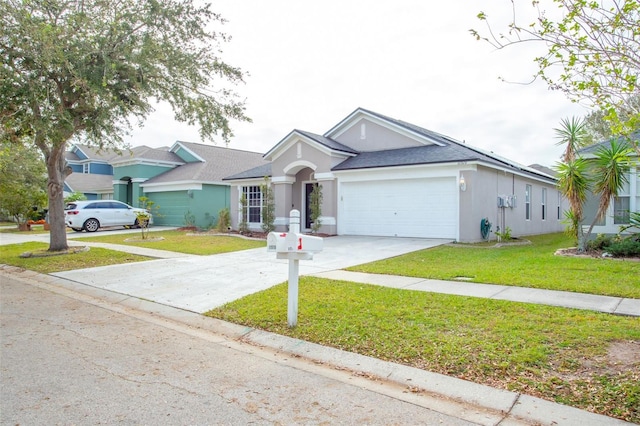 ranch-style house with a garage and a front lawn