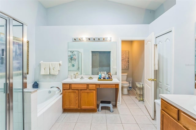 full bathroom with vanity, plus walk in shower, lofted ceiling, tile patterned floors, and toilet