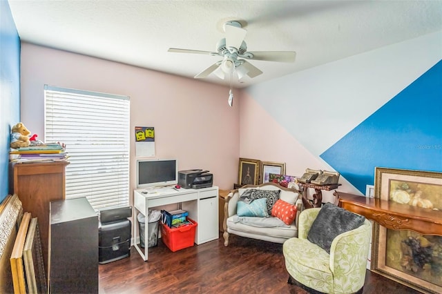 office featuring dark wood-type flooring, ceiling fan, and lofted ceiling