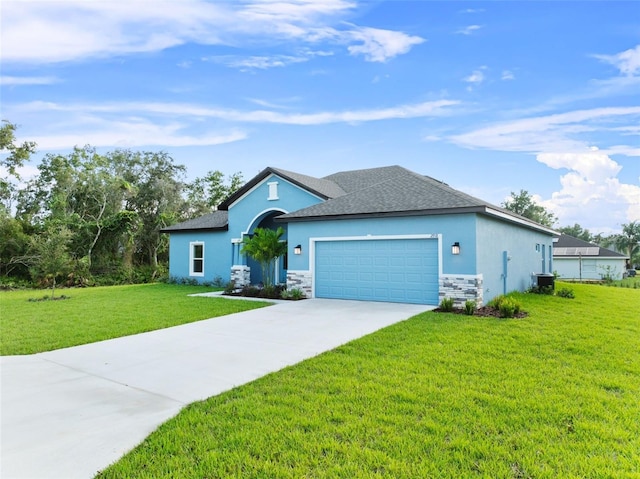 view of front of house with a garage, central air condition unit, and a front lawn