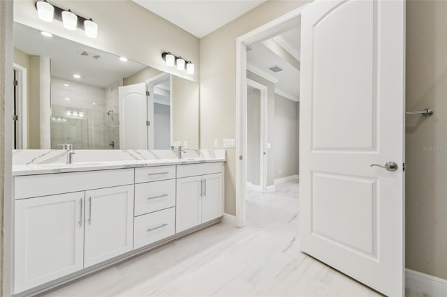 bathroom with vanity and walk in shower