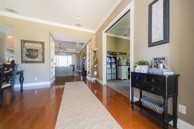 foyer with crown molding and wood-type flooring