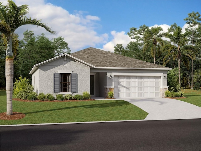 single story home featuring a front lawn and a garage