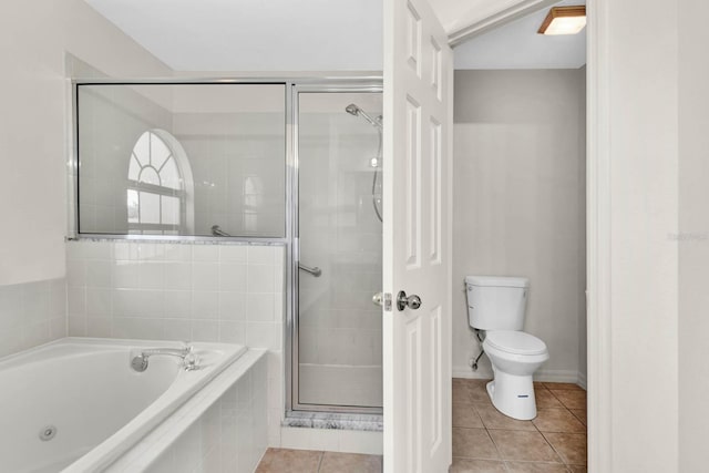 bathroom featuring tile patterned floors, toilet, and plus walk in shower