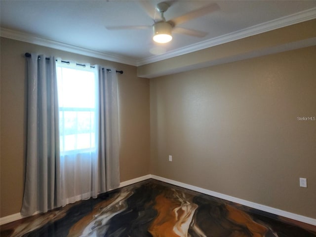 spare room with crown molding, hardwood / wood-style floors, and ceiling fan