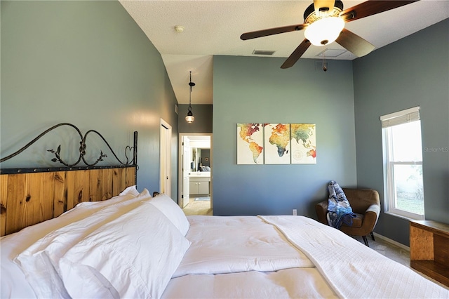 carpeted bedroom featuring high vaulted ceiling, connected bathroom, a ceiling fan, visible vents, and baseboards