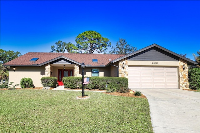 ranch-style home featuring stucco siding, concrete driveway, a garage, stone siding, and a front lawn