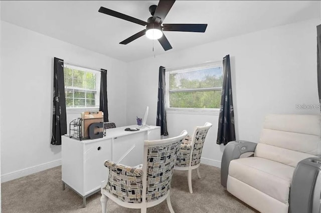 carpeted office featuring ceiling fan