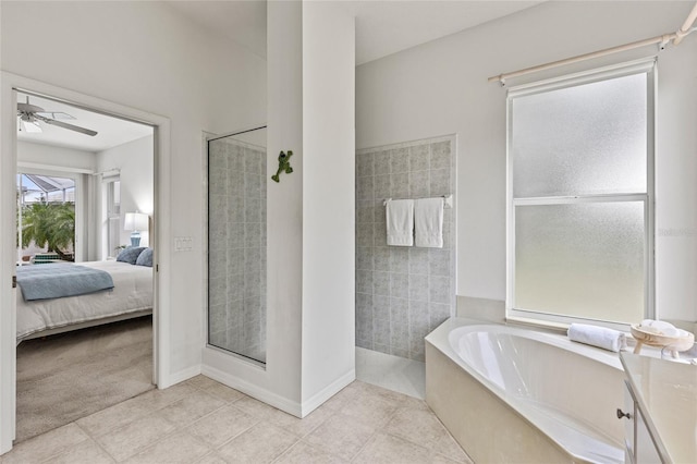 bathroom featuring independent shower and bath, ceiling fan, and tile patterned flooring