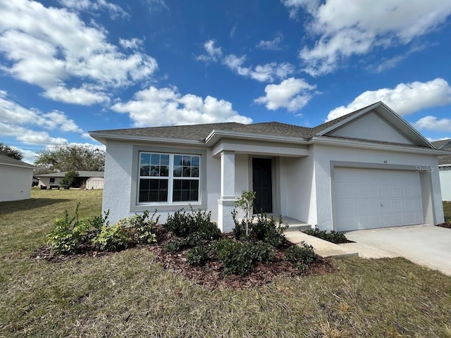 ranch-style house featuring a garage, concrete driveway, a front lawn, and stucco siding