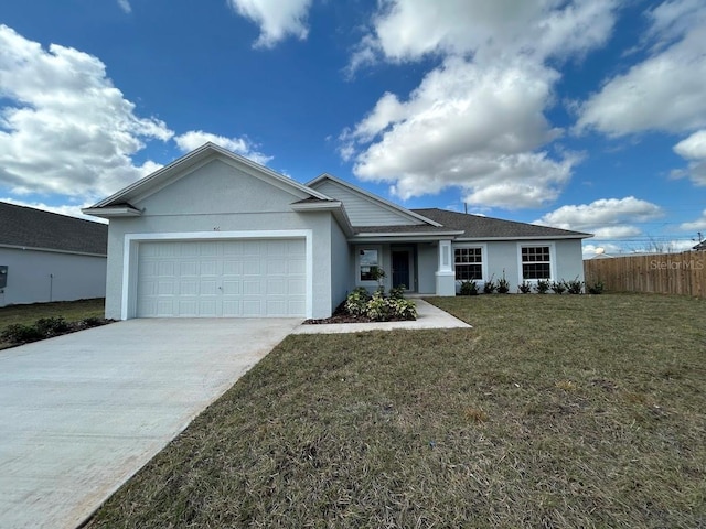 single story home with an attached garage, fence, concrete driveway, stucco siding, and a front yard