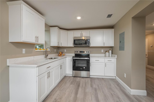 kitchen featuring electric panel, white cabinets, sink, light stone countertops, and stainless steel appliances