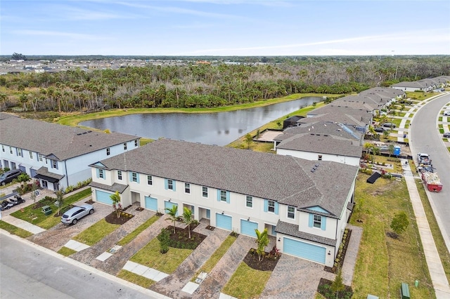 drone / aerial view featuring a water view