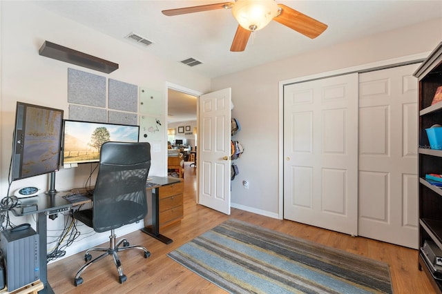 home office featuring light hardwood / wood-style flooring and ceiling fan