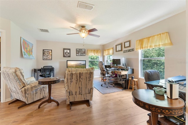 office space featuring ceiling fan, light hardwood / wood-style flooring, and a textured ceiling