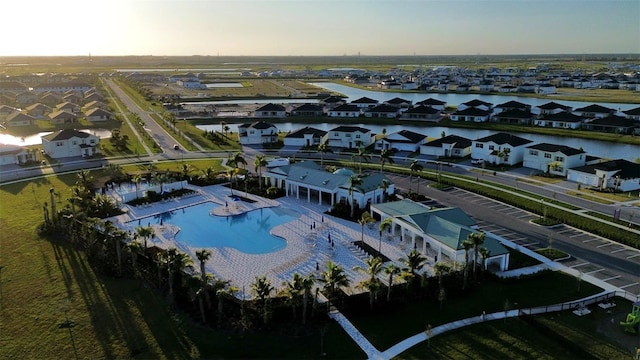 view of aerial view at dusk