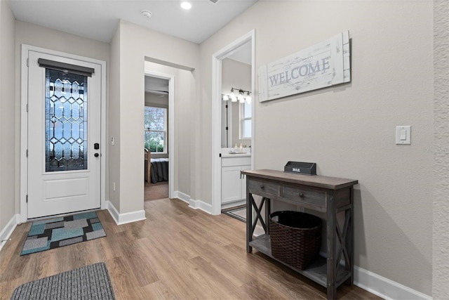 foyer entrance with light hardwood / wood-style flooring