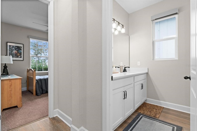 bathroom with vanity and hardwood / wood-style flooring