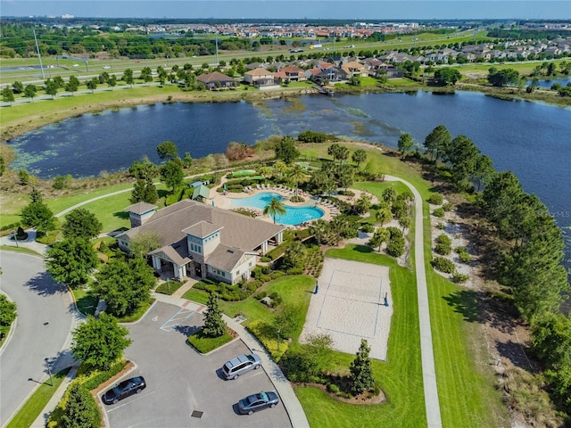 birds eye view of property featuring a water view