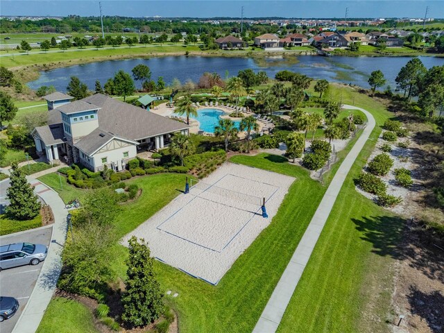 aerial view featuring a water view