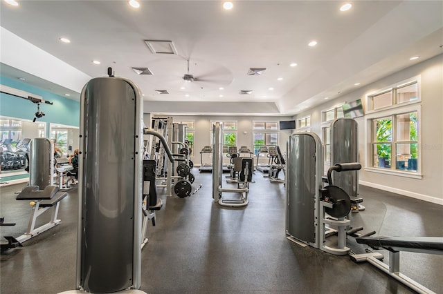 workout area featuring ceiling fan