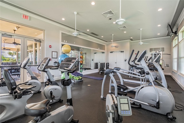 gym with ornamental molding, french doors, and ceiling fan