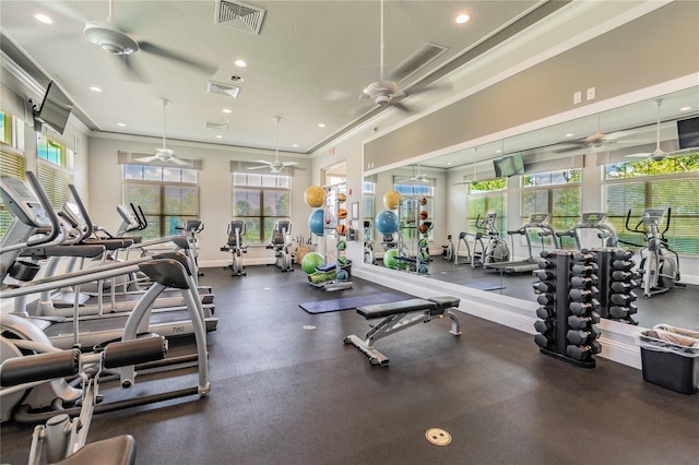 workout area with ceiling fan and plenty of natural light