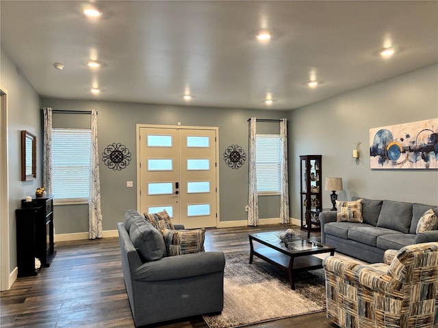 living room with dark wood-type flooring