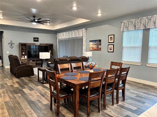 dining area with a raised ceiling, ceiling fan, and hardwood / wood-style flooring