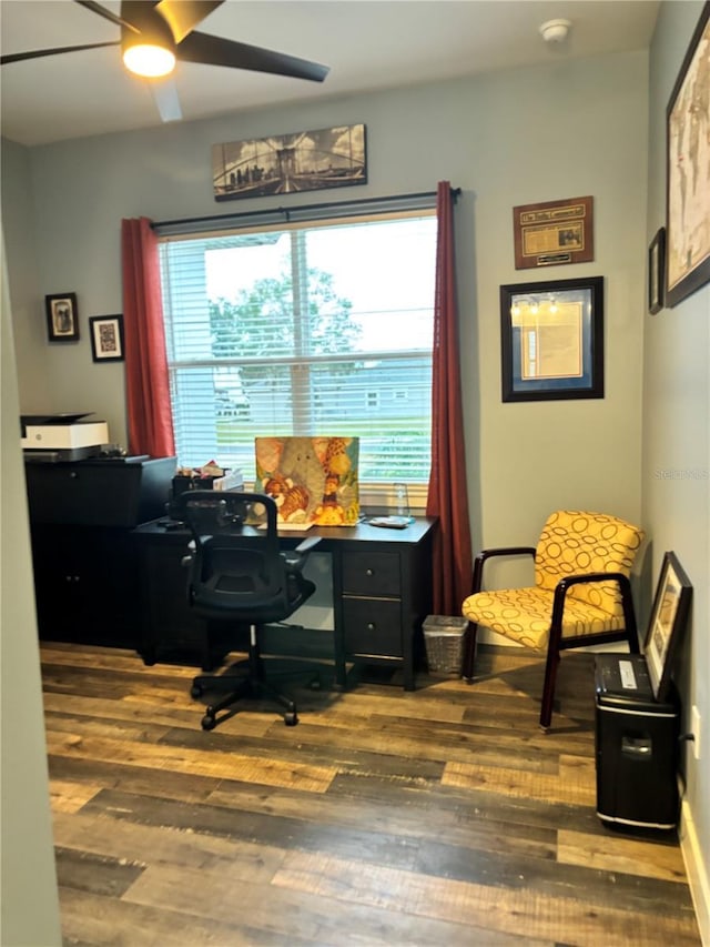 office space with ceiling fan and hardwood / wood-style floors