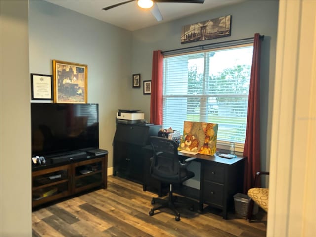 office area with dark hardwood / wood-style floors, plenty of natural light, and ceiling fan