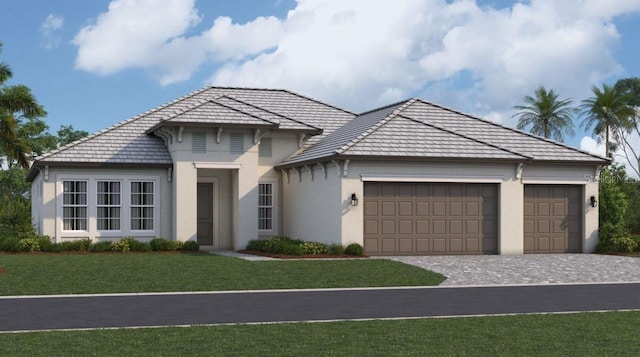 view of front facade with a garage and a front lawn