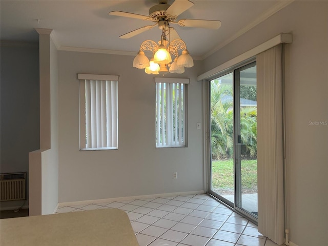 interior space featuring light tile patterned flooring, ornamental molding, a wall mounted AC, and ceiling fan with notable chandelier