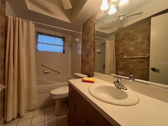 full bathroom featuring shower / bath combo, tile patterned floors, ceiling fan, and toilet