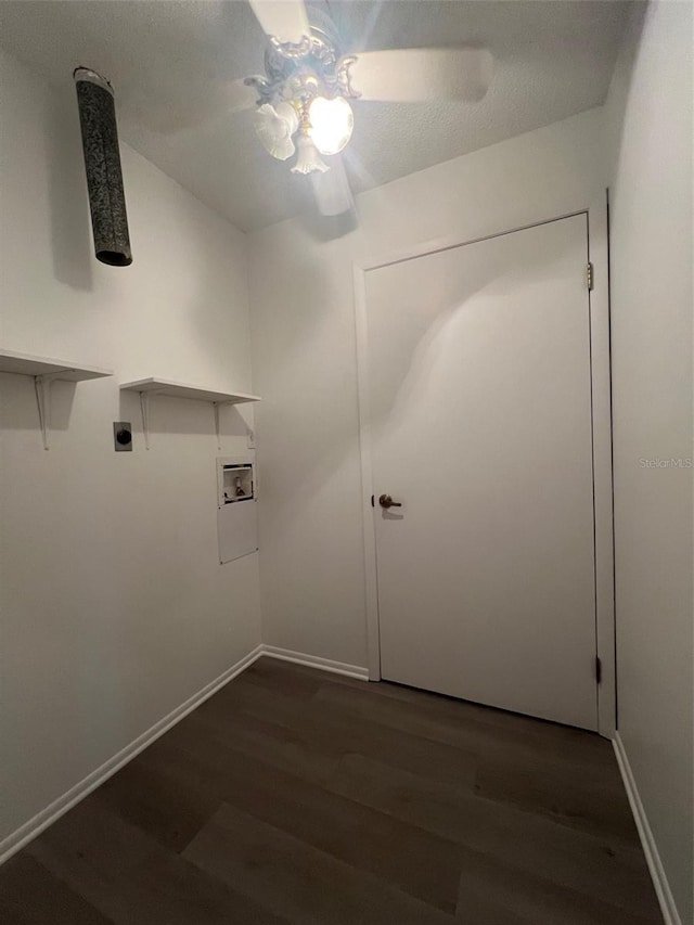 washroom with ceiling fan, hookup for an electric dryer, washer hookup, and dark hardwood / wood-style flooring