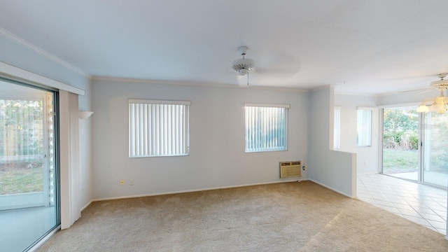 carpeted empty room with crown molding, a wall mounted air conditioner, and ceiling fan