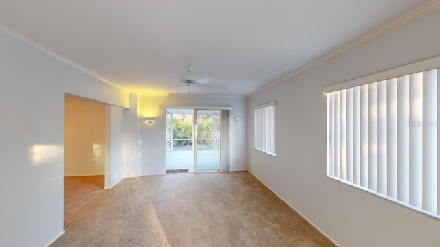 spare room with crown molding and light carpet