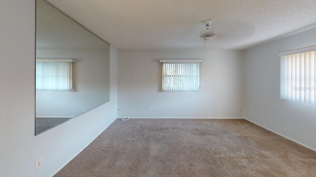 carpeted spare room featuring a wealth of natural light and a textured ceiling