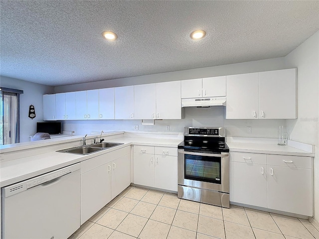 kitchen featuring electric stove, sink, white cabinets, and dishwasher