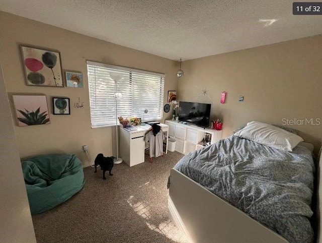 bedroom with carpet and a textured ceiling