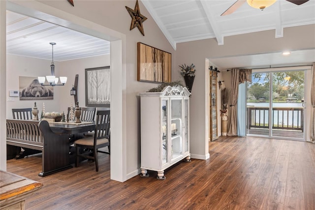 interior space with lofted ceiling with beams, dark wood-type flooring, and a notable chandelier