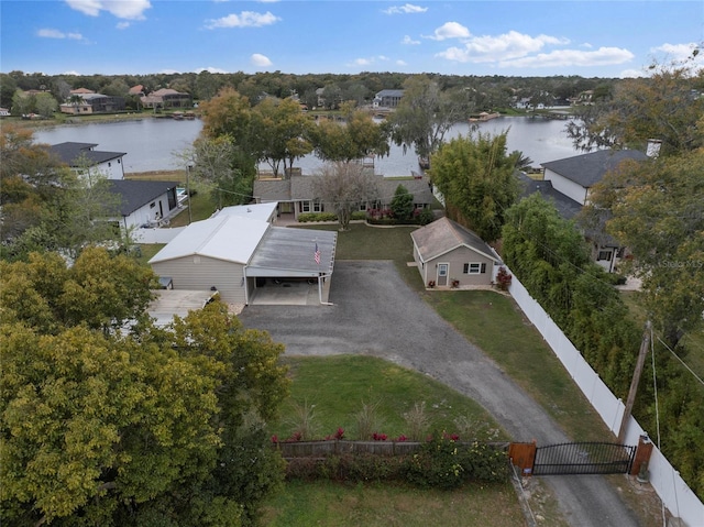 drone / aerial view featuring a water view